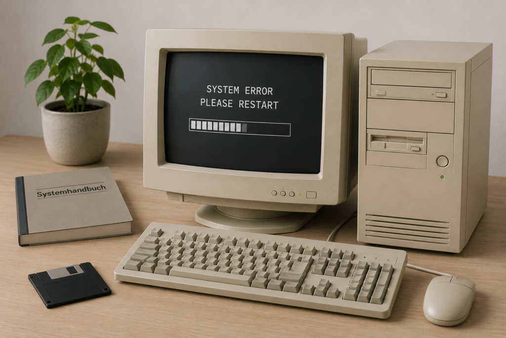 Älterer Desktop-Computer als Symbol für veraltete Shop-Technik und fehlende Zukunftssicherheit.