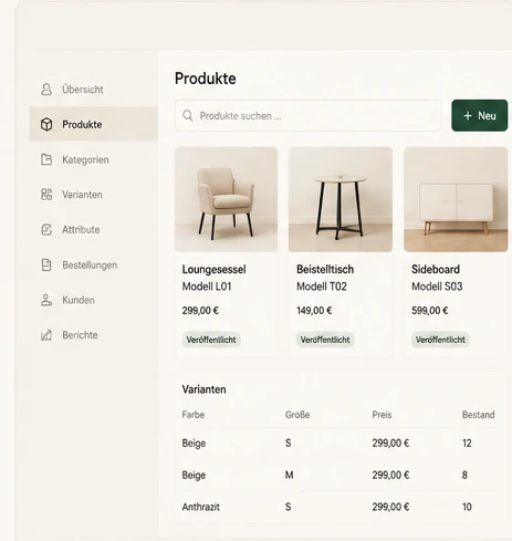 Abstrakte Darstellung einer strukturierten Produktverwaltung für einen WooCommerce-Shop.