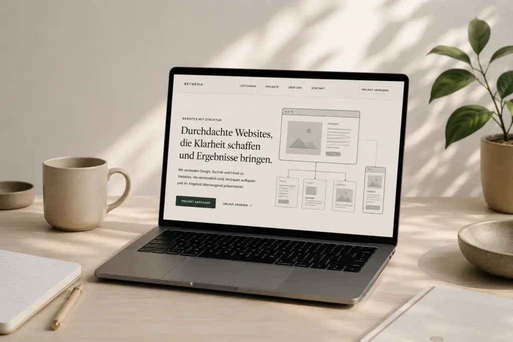 Laptop mit strukturierter Website-Ansicht auf einem hellen Schreibtisch.