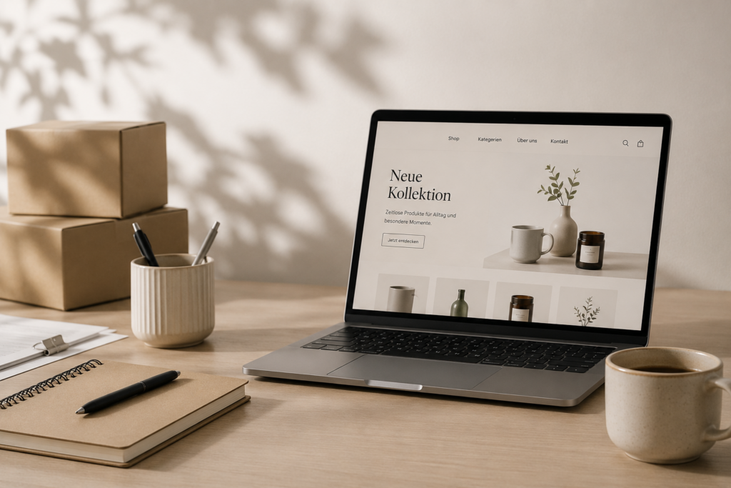 Pakete und Produkte als Symbol für einen strukturierten Onlineshop.